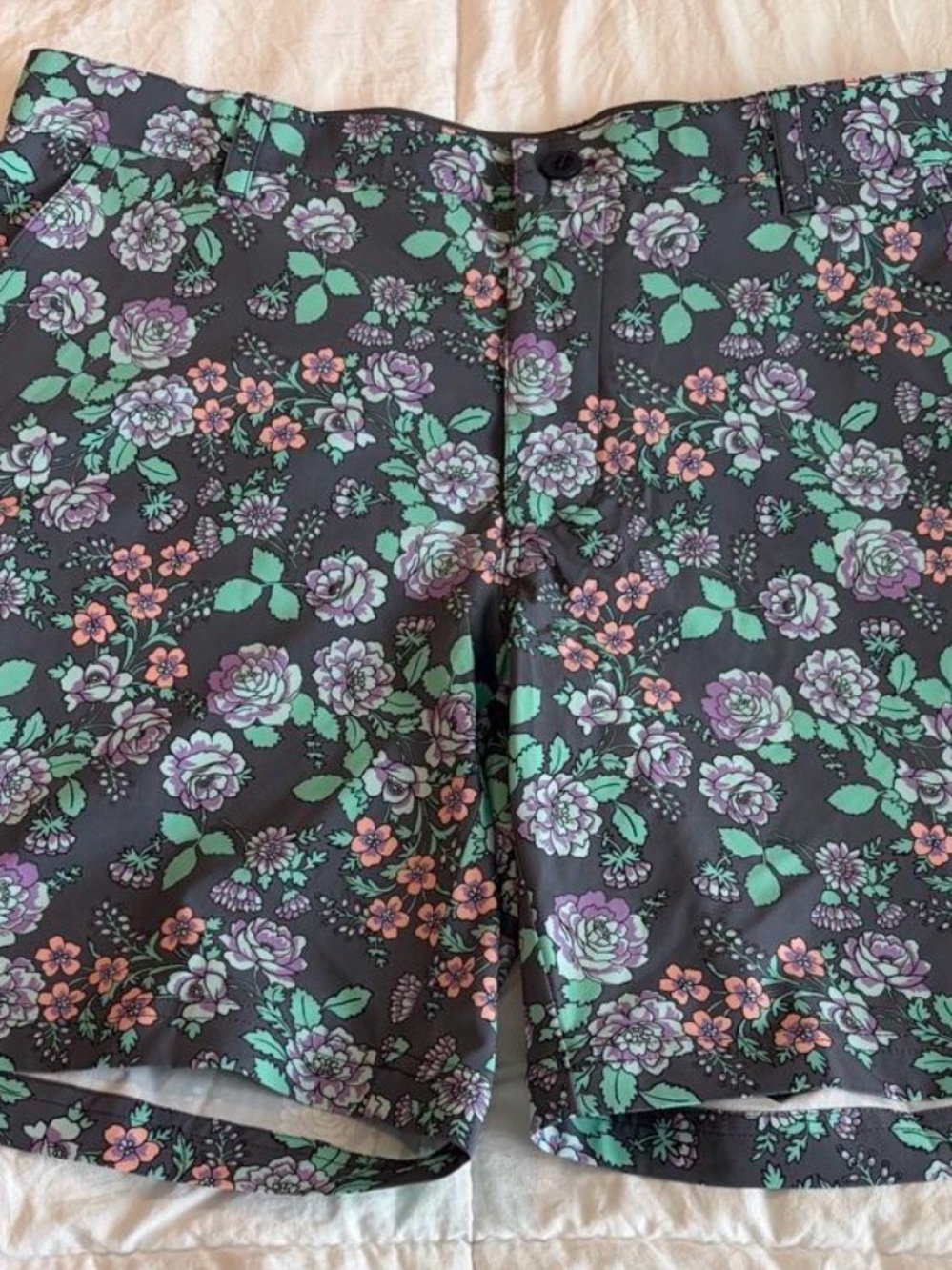 Men's Floral Print Bermuda Shorts - Black with Green & Lavender Floral